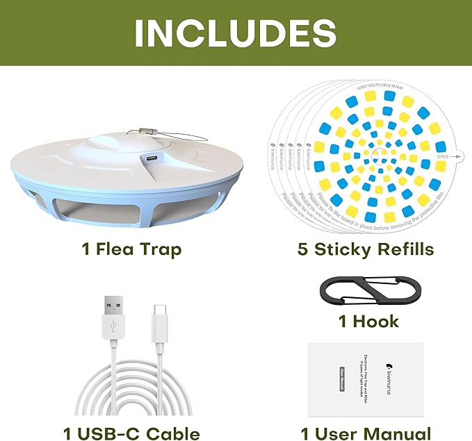 Flea Trap - Indoor Portable Flea Trap with 5 Refills, 9 Long-Lasting UV and Yellow Lights, Super Sticky Glue Cards, Covers up to 600 ftยฒ, White