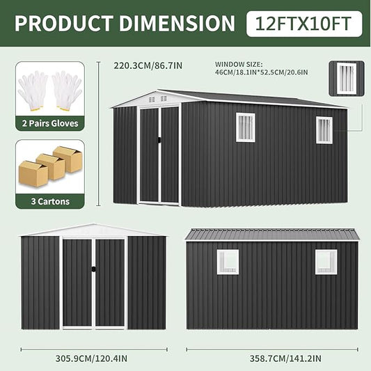 12FT x 10FT Outdoor Storage, Metal Anti-Corrosion Utility Tool House with Lockable Door & Shutter Vents,Outdoor Waterproof Garden Tool Storage Sheds