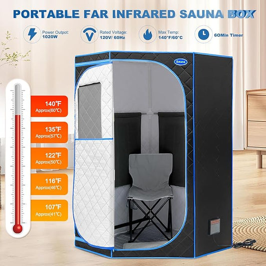 Portable Full Size Infrared Sauna for Home,Pentagonal Size Far Infrared Sauna,One Person Sauna Tent with Heating Foot Pad, Portable Chair, (L38 x W38 x H63, Black)