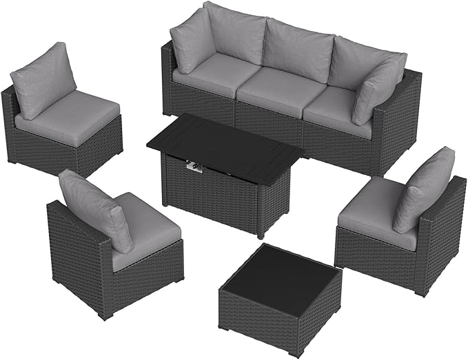 Aoxun 8 Piece Patio Furniture Set with 44” Fire Pit Table Wicker Rattan Patio Sectional Sofa Set Outdoor Seating Furniture with Thickened Cushion, Grey