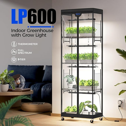 Barrina LP600 Mini Greenhouse with Grow Lights, 5-Tier Plant Stand with 100W TX-S25 1.6FT 5000K Full Spectrum Plant Shelf with Tent, Timer & Thermometer for for Seed Trays Growth, 23.6 x 13.8 x 70.9IN