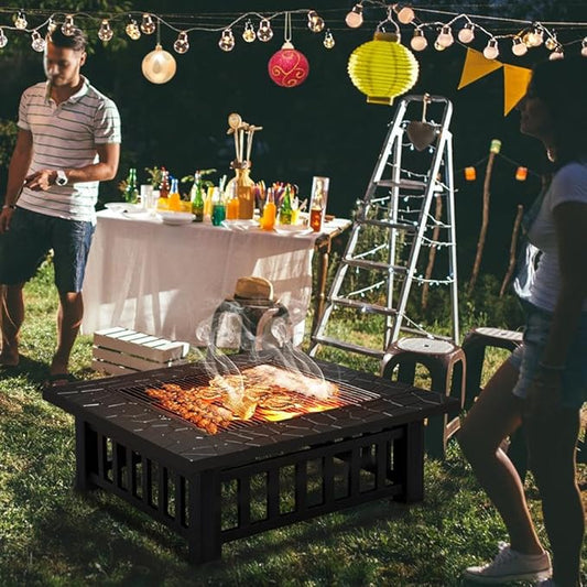 Yaheetech Multifunctional Fire Pit Table 32in Square Metal Firepit Stove Backyard Patio Garden Fireplace for Camping, Outdoor Heating, Bonfire and Picnic