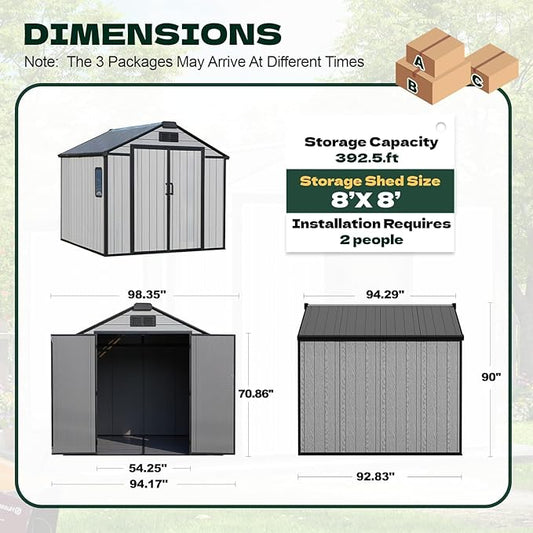 MELLCOM 8 x 8 FT Resin Storage Shed with Floor, Outdoor Storage Tool Shed with Windows and Lockable Door for Pool Supply, Bike, Lawnmower
