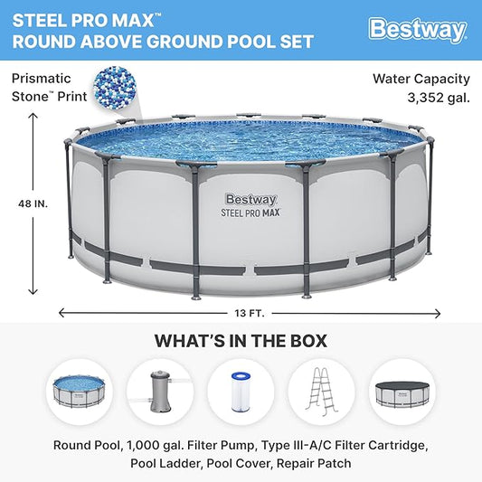 Bestway Steel Pro MAX 13' x 48" Above Ground Pool, Round Metal Frame Outdoor Swimming Pool Set with Filter Pump, Ladder, and Cover, Gray