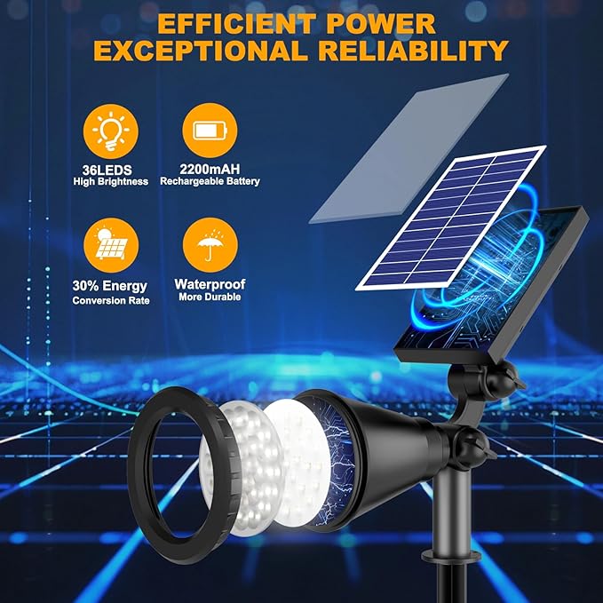APOMAO Solar Lights Outdoor Waterproof, 36 LEDs 1000LM Adjustable Solar Spot Lights Outdoor, 2-in-1 Solar Powered Spotlight Landscape Lighting for Garden, Yard, Pathway- 2 Pack (Cool White)