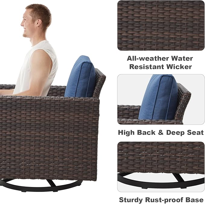 Wicker Patio Furniture Set:7 Piece Outdoor Patio Furniture Set with 2 Swivel Patio Chairs 2 Single Chairs a Coffee Table and 2 Ottomans, Brown Wicker/Blue Cushion