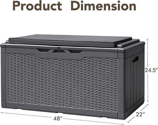 Devoko 100 Gallon Deck Box, Waterproof Resin Outdoor Storage Box with Cushion for Outside and Patio, Large Outdoor Storage Bench Cabinet Lockable for Patio Furniture and Garden Tools (Gray)