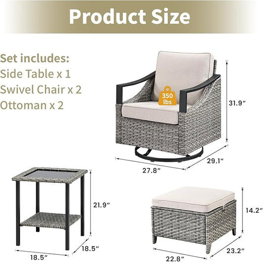 5 Pieces Patio Furniture Set - High Back Outdoor Swivel Rocker Chairs with Thick Cushions 2 Ottoman and Side Table, Wicker Patio Conversation Sets for Porch Deck Garden Backyard Gray/Beige