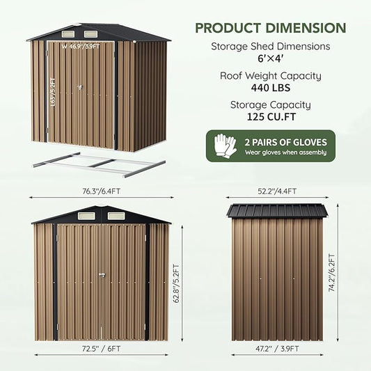 6x4 FT Outdoor Metal Storage Shed, Double Doors,with Frame Floor,Tool Shed for Garden, Patio, Backyard Brown