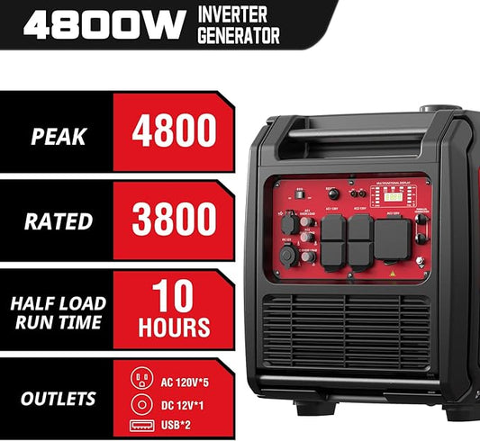 PowerSmart 4800-Watt Portable Inverter Generator with Wheels Handle Kit, CO Protect, Quiet, RV-Ready, Home use