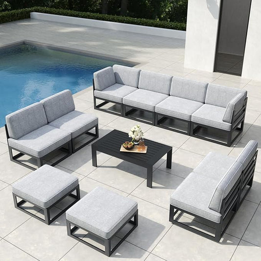 11 Pieces Aluminum Patio Furniture Set with Coffee Table, Metal Outdoor Conversation Sofa Set witVah Seating Cushions