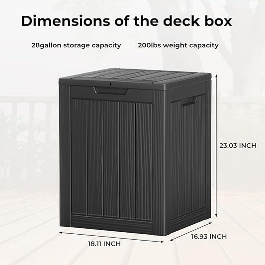ROJIK Outdoor Storage Housing Deck Box - Waterproof Patio Furniture, Garden Tools, Cushions, Pool Accessories Storage Bench with Lockable Lid and Side Handles (Black, 28 Gal)