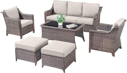 6 Pieces Outdoor Patio Furniture-High Back Rattan Wicker Couch with Outdoor Chairs Patio Conversation Sets for Porch Garden Backyard Poolside-Brown/Beige