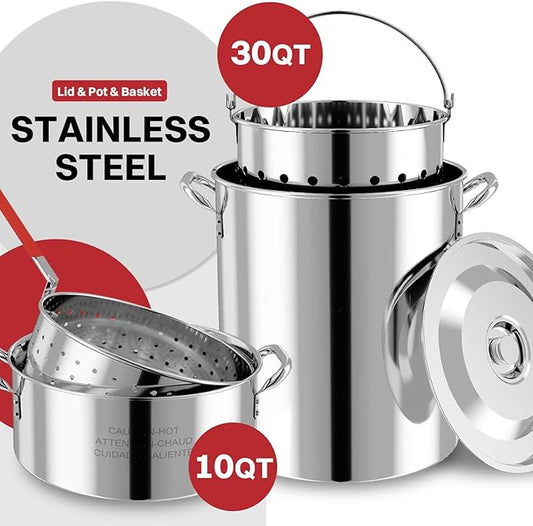 30QT Stainless Steel Turkey Fryer | Outdoor Fryer | Cover & Skimmer Included | Seafood Boil Pot | 50,000BTU Propane Burner | Deep Fryer Pot with Basket | Crab, Seafood & Crawfish Boiler