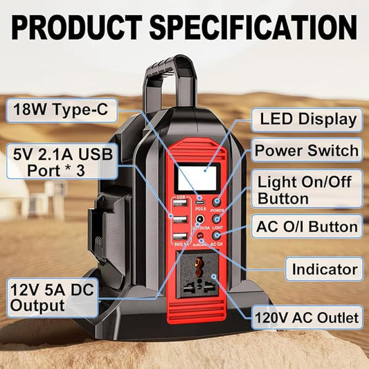 350W Power Inverter Compatible with Milwaukee18V Battery Power Supply Inverter DC 20V to AC 110~120V Pure Sine Wave Inverter with LED Light,AC,DC,Type-C,USB Port for Camping Emergency Travel