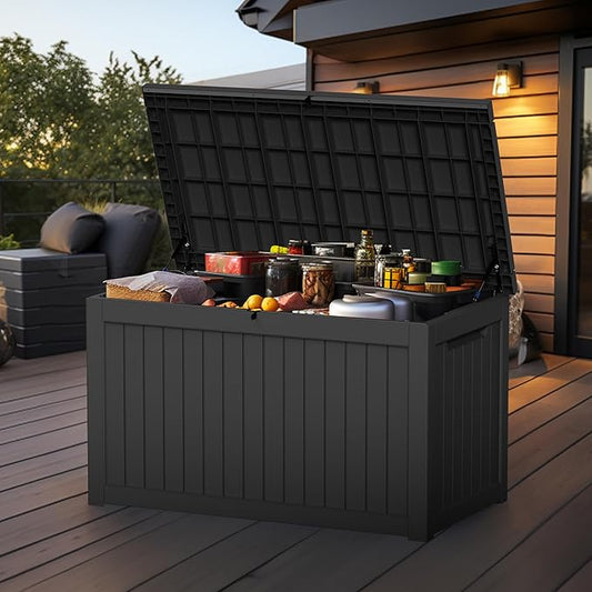 Vixzen 280 Gallon Resin Deck Box, Lockable Outdoor Storage Box for Patio Cushions Storage Furniture,Garden Tools, Pool Supplies, Weatherproof and UV Resistant- Black