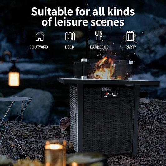 Fire Pit Table 28" Wicker &Rattan Square Propane Outdoor FirePit, Outdoor Gas Fire Pit with Lid, Glass Wind Guard, CSA Listed, 50,000BTU, Gas Fire Table for Patio Garden Backyard Deck, Brown