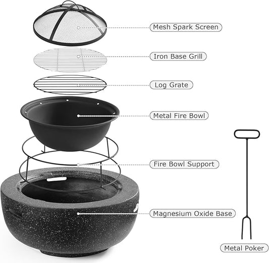 Outdoor Round Fire Pit 23.5” Faux Concrete Burning Firepit Portable Charcoal Grill for Patio Garden Backyard Barbecue, with Spark Screen, Firebowl, Poker, Stainless Steel Rack