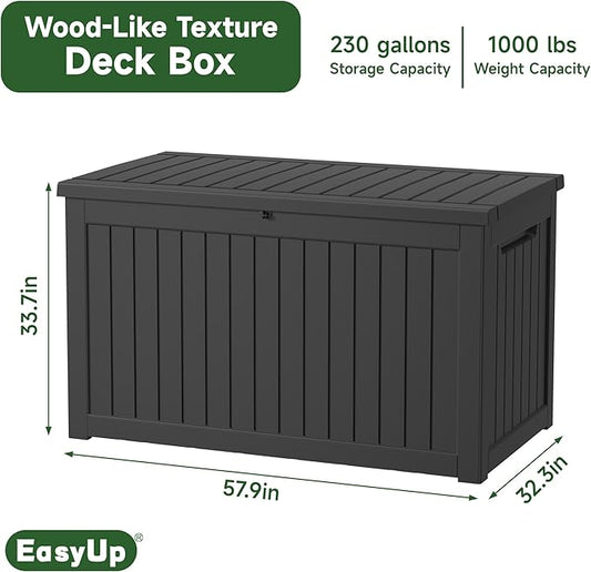 EasyUp 230 Gallon Outdoor Storage Box Waterproof, UV Resistant Resin Deck Box with Hydraulic Rod, Reinforced Stability for Patio, Garden,Striped Black