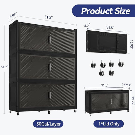 150 Gallon Extra Large Collapsible Storage Bin with Lid, 960QT Stackable Plastic Organizer with 6x Wheels, Foldable Drawer Cabinet for Closet, Living Room Office, Kitchen 3Pack, Black