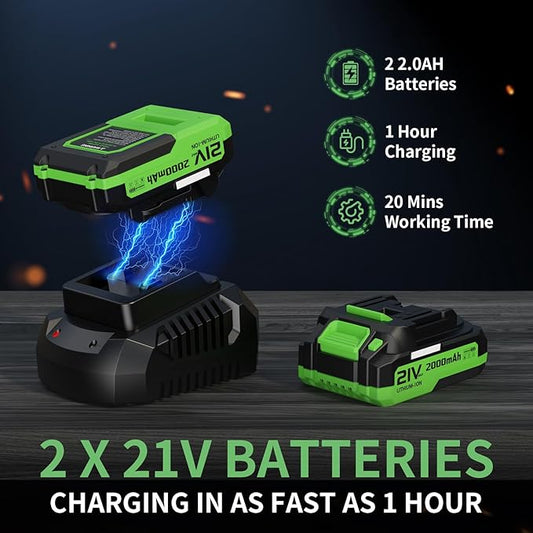 Leaf Blower, 21V Cordless Electric Blower with 2 2.0Ah Batteries and 1 Hour Fast Charger, Lightweight Leaf Blower for Patio Cleaning, Lawn Care, Blowing Fallen Leaves and Dust, etc.