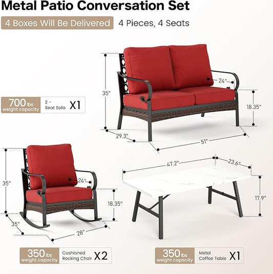 4 Piece Metal Outdoor Patio Furniture Sets, Patio Conversation Sets 1 Loveseat, 2 Rocking Sofa with 5.75" Extra Thick Cushion and Coffee Table, Balck Frame Backyard Furniture, Rust Red