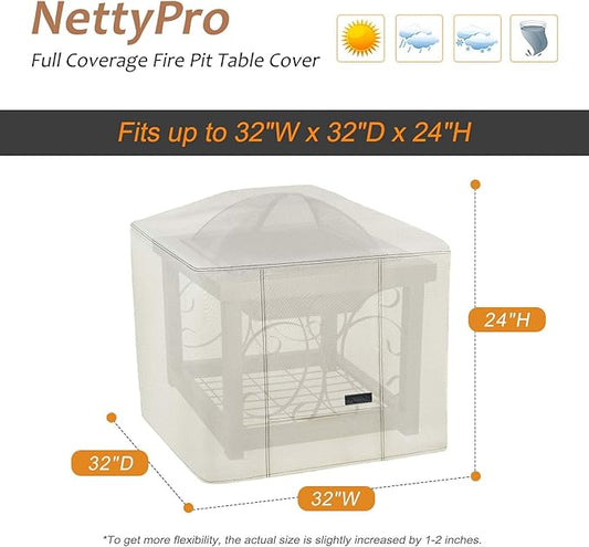 NettyPro Fire Pit Cover Square Waterproof Outdoor Firepit Cover for Gas Propane Fire Pit Table, 32 x 32 x 24 inch, Beige