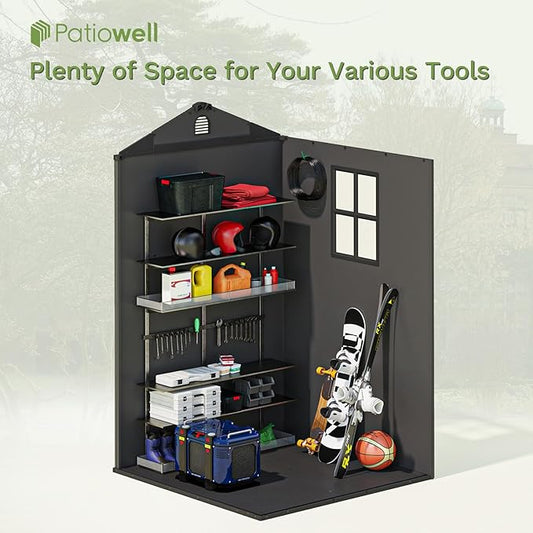 Patiowell 4 x 4 Plastic Outdoor Storage Shed with Floor, Resin Outside Tool Shed with Window and Lockable Door for Backyard Garden Patio Lawn, Deep Gray (Fit-it Shed)