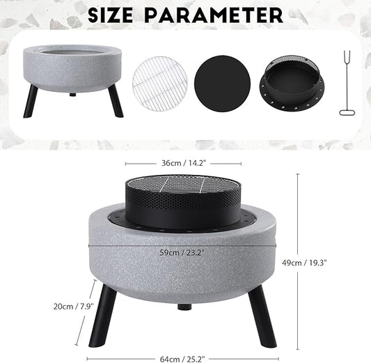 Outdoor Round Fire Pit 25” Faux Concrete Burning Firepit Portable Tripod Charcoal Grill for Patio Garden Backyard Barbecue, with Spark Screen, Firebowl, Poker, Stainless Steel Rack