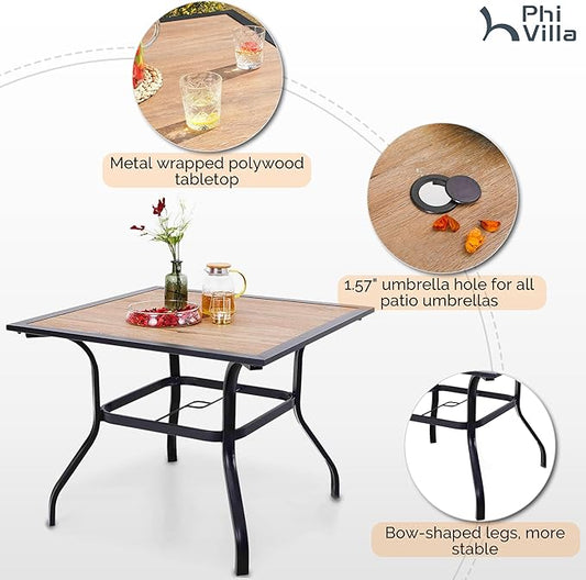 PHI VILLA 5 Pieces Outdoor Dining Set for 4, Wood Top Metal Dining Table & Rattan Wicker Chairs with Cushions, Modern Furniture Dining Set for Patio, Deck, Backyard, Porch