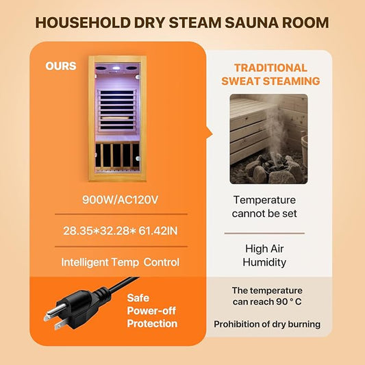 Infrared Sauna Room Indoor Saunas Home Obeche Wood 900W Low-EMF Dry Saunas Single Person Spa with 7 Color Light 32.3 * 28.3 * 61.4 inch