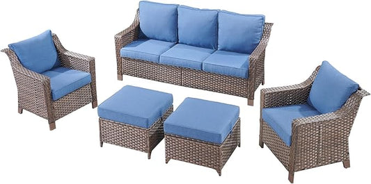 5 Pieces Wicker Patio Furniture Set-Outdoor High Back Sofa with Rattan Wicker Chairs Outdoor Furniture for Porch Garden Backyard Poolside-Brown/Blue