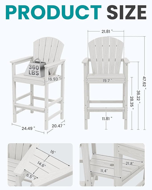 SERWALL Tall Adirondack Chairs Set of 4 with Double Layer Connecting Tray, HDPE Bar Height Outdoor Chairs, Wood-Like Adirondack Bar Stools for Patio, Balcony, Porch, White