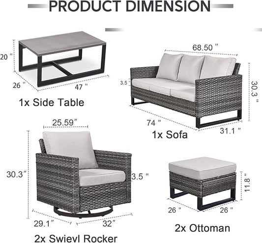 6 Piece Wicker Patio Furniture Set - Outdoor Swivel Rocker Chairs Set with Coffee Table, 3 Seat Sofa & Ottomans, Small Patio Conversation Sets Proch Furniture for Balcony Deck - Grey/Beige