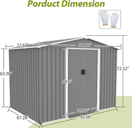 8X6 FT Outdoor Storage Shed with Roof,Waterproof House Tool Cabinet W/Metal Foundation & Lockable Doors,for Shovels,Umbrellas,Antennas,Escalators,Gray