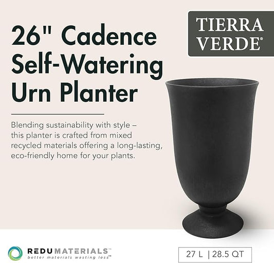 Tierra Verde Indoor & Outdoor Self-Watering Urn Planter, Cadence, 14" x 23", Black - Planting Containers for Plants and Flowers - Gardening and Landscaping Accessories