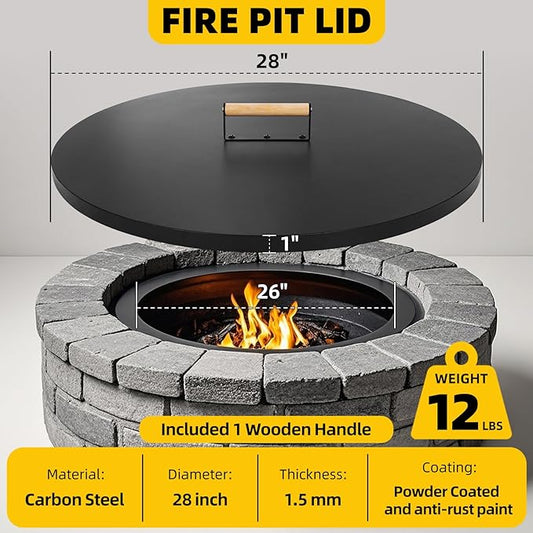 G GOOD GAIN Firepit Lid Round 28 Inch - Rust Resistant Fire Pit Lid Cover with Wooden Handle & Gloves, Fire Pit Snuffer Lid for Courtyards, Patio, Winter Cold Protection.