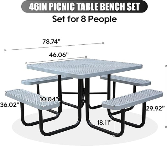 8-Person Outdoor Picnic Tables,46" Heavy-Duty Metal Square Picnic Table,Expanded Metal Commercial-Grade Table with 4 Benches & Umbrella Hole,Waterproof Coating Beach Table for Patio,Garden, Backyard