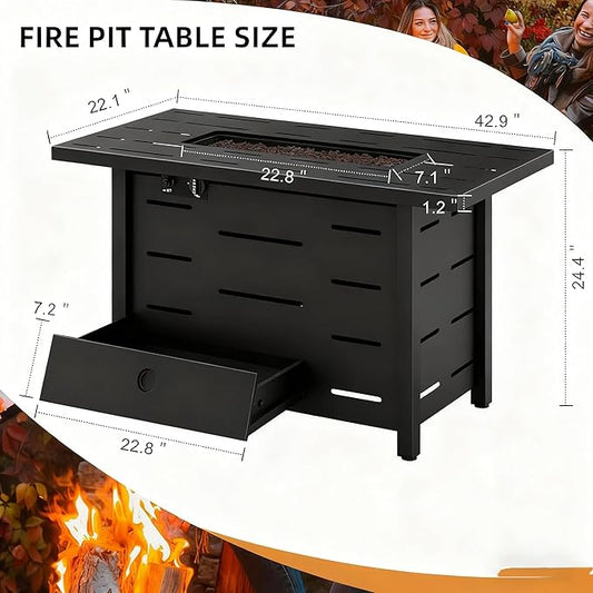 JAMFLY Propane Fire Pit 43" Outdoor Fire Pit Table 50000 BTU Gas Fire Table with Lid, Lava Rock and Waterproof Cover for Outside Garden Patio Backyard
