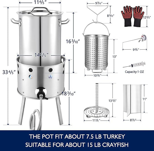 ARC 32QT Stainless Steel Turkey Fryer Kit With Burner, Seafood Boil Pot And Burner With Basket,Crawfish Boil Tamale Steamer Crab Boil Pot With Injector Thermometer, High Temperature Resistant Gloves