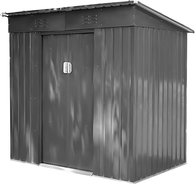 6x4 FT Outdoor Metal Storage Shed with Lockable Door, All-Weather Garden Shed with Sloping Roof & Waterproof Design, Durable Tool Shed for Backyard, Patio, Light Gray