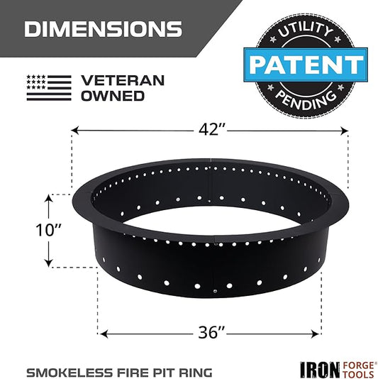 Iron Forge Tools Fire Pit Ring 42 Inch Outer/36 Inch Inner - Outdoor Heavy Duty Metal Round Smokeless Fire Ring Insert Liner - Utility Patent Pending (42x36x10)
