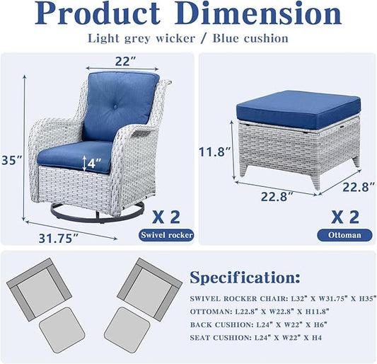 Belord 4 Pieces Patio Furniture Sets, Wicker Patio Swivel Glider Chair with Ottomans, Outdoor Furniture Set for Outside Porch Deck Balcony, Light Grey