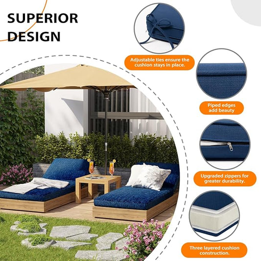 Sundale Outdoor Olefin Chaise Lounge Cushion Set of 2, Water-Resistant Patio Lounge Chair Cushion, Thick Lounger Pad with 4 Straps Dark Blue, 72 x 21 x 4 Inches