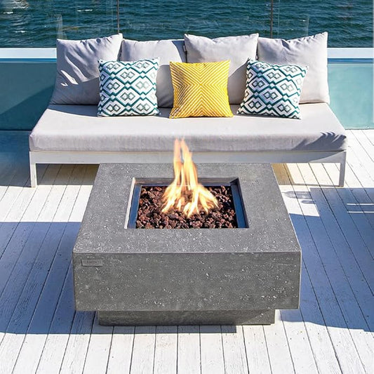 Elementi Manhattan Bundle Outdoor Firepit 36” Propane Firepit Table, Glass Windscreen, Stainless Steel, Tank/Canvas Cover, Floor Mat, Beverage Tub