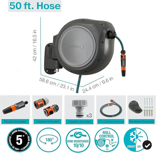 GARDENA (20500) Retractable Garden Hose Reel 50' x 1/2" hose, Wall Mounted, Automatic Retraction & Length Lock for Easy Watering. Heavy Duty Swivel Bracket 180°, Includes Nozzle. Made in Europe