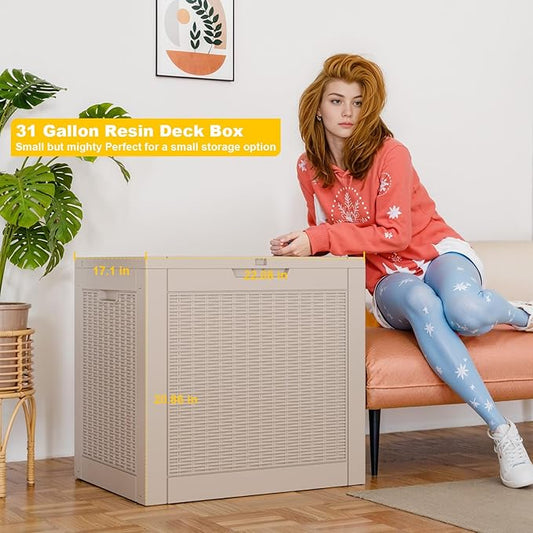 31 Gallon Deck Box Large Outdoor Storage for Patio Furniture,Outdoor Cushions,Garden Tools and Pool Supplies,Waterproof,Resin,Lockable(Grey)