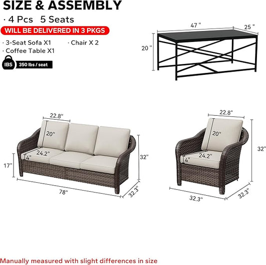 4 Pieces Patio Outdoor Conversation Furniture Set, 78" 3-Seat Couch, 2 Chairs, 47" Metal Coffee Table, Rattan Wicker Sofa with Washable Cushions for Garden, Deck (Beige)