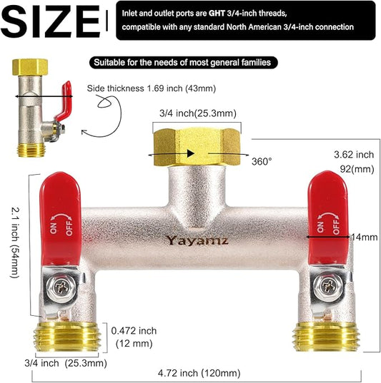 2 Way Garden Hose Splitter, Heavy Duty Brass Nickel Plated Rust Resistant Faucet Manifold, 3/4" Frost Resistant Outdoor Hose Adapter Connector,Hose Spigot Adapter with 2 large red handles