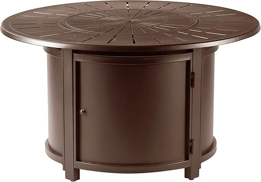 Round 44 in. x 44 in. Aluminum Propane Fire Pit Table with Glass Beads, Two Covers, Lid, 57,000 BTUs in Brown Finish